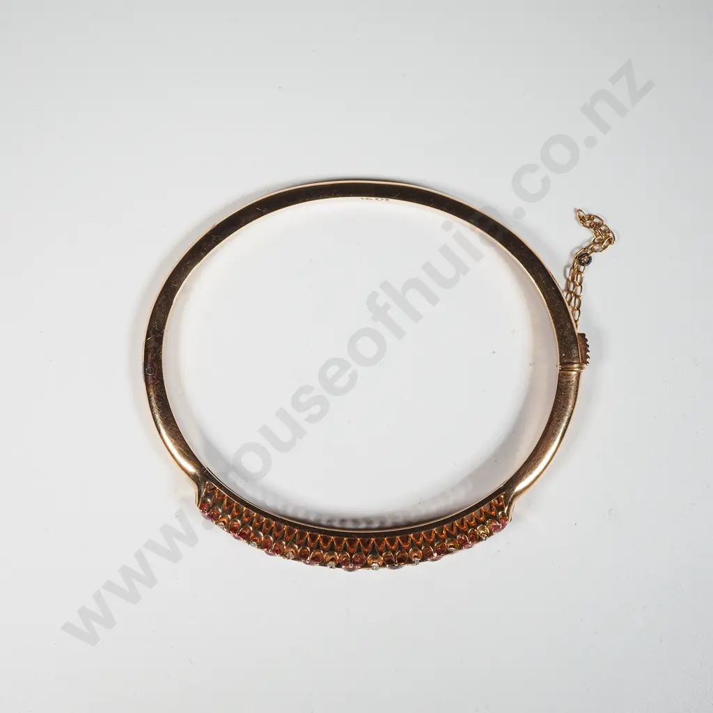 15ct Gold Diamond & Pink Tourmaline Hinged Bracelet in Period Box Image 1++