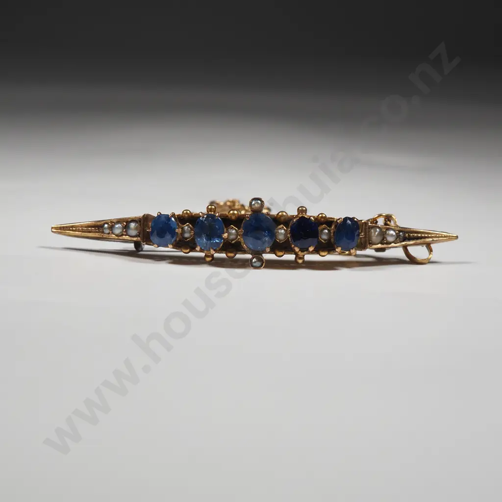 9ct Gold Sapphire & Seed Pearl Brooch  Image 1++