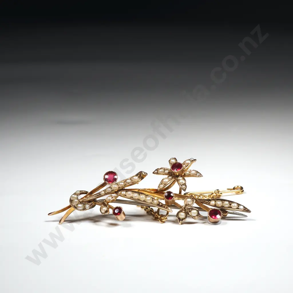Vintage Seed Pearl & Red Stone Brooch In The Form Of A Floral Spray Image 1++