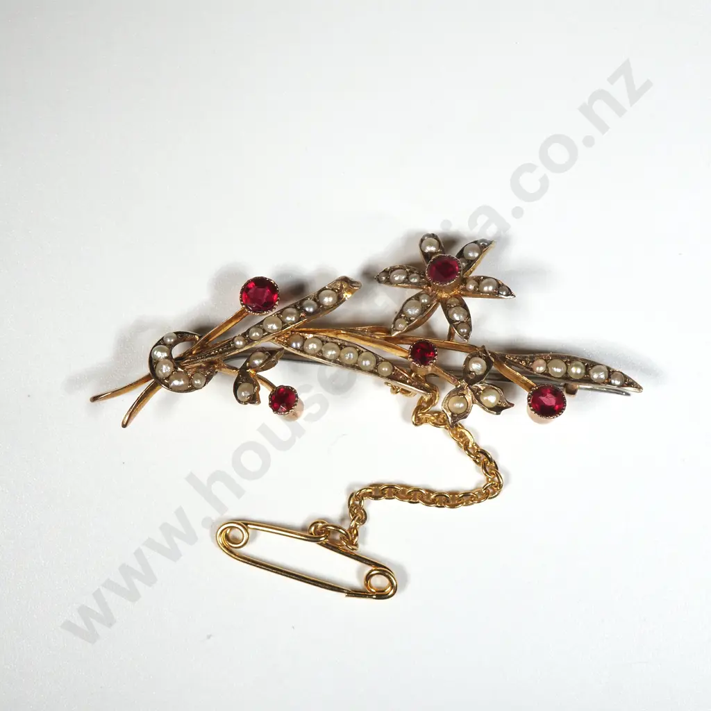 Vintage Seed Pearl & Red Stone Brooch In The Form Of A Floral Spray Image 1++