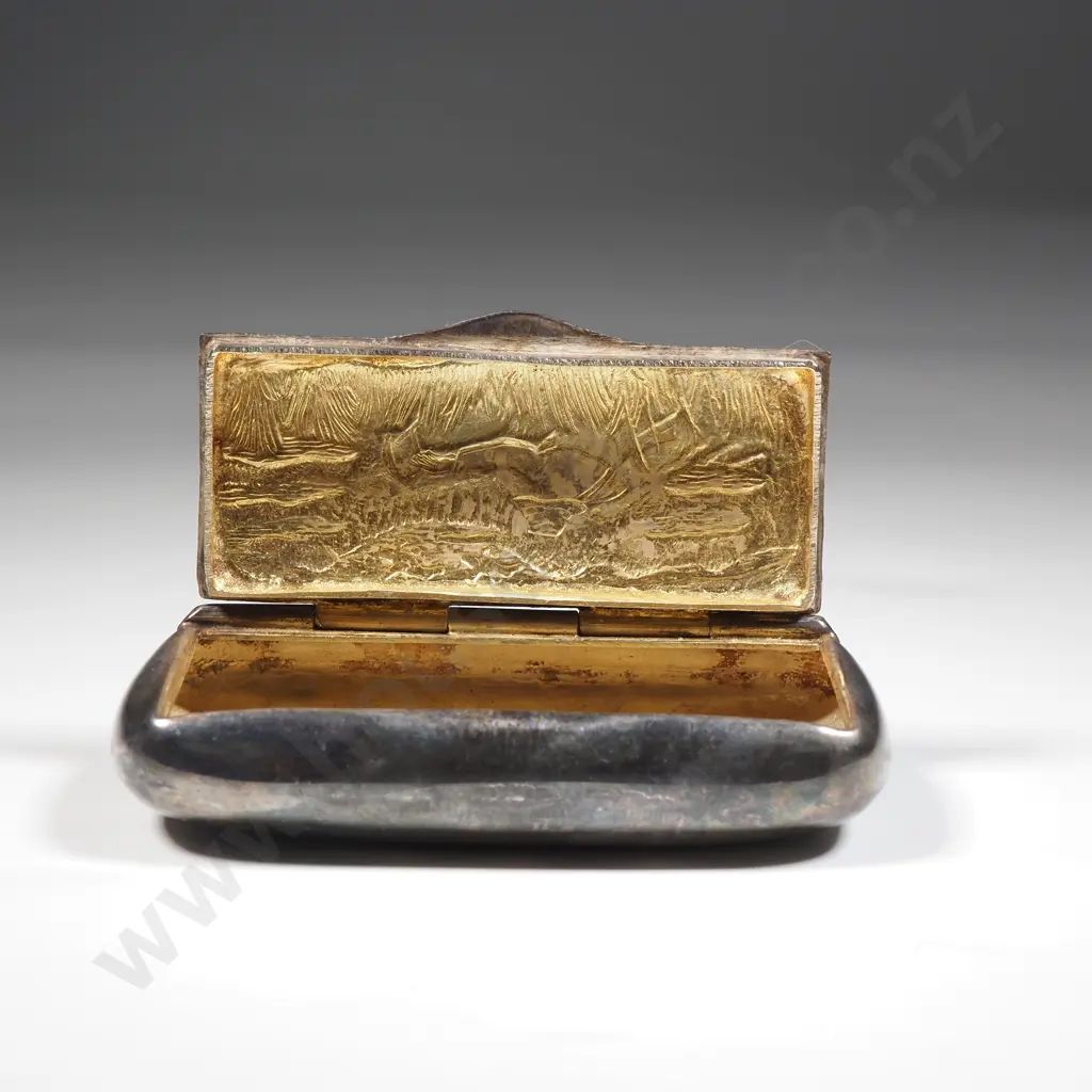 Portuguese Sterling Silver Hinged Snuff Box with Hunting Scene Decoration To Lid Image 1++