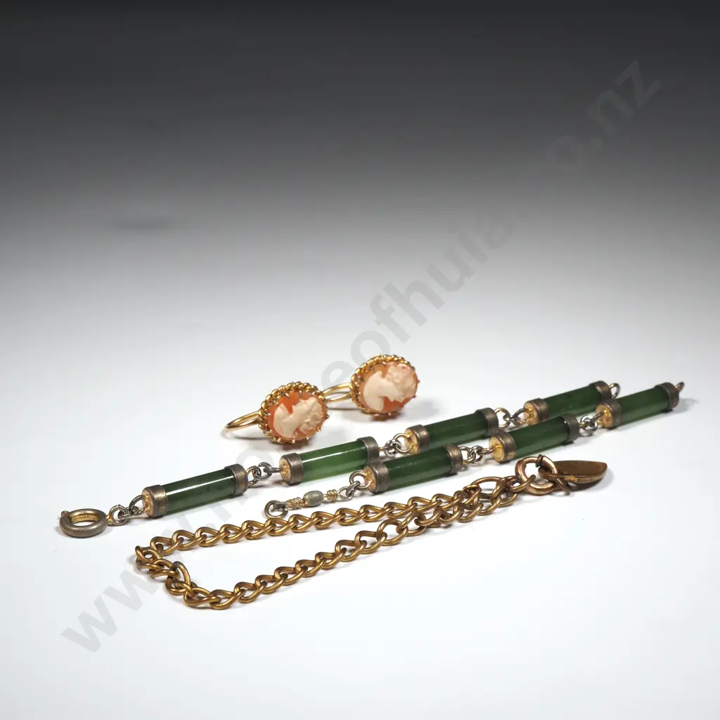 Part Greenstone Bracelet (A/F), Pair Of Rolled Gold & Cameo Earrings & Gold Plate Childs Bracelet with Heart Locket  Image 1++