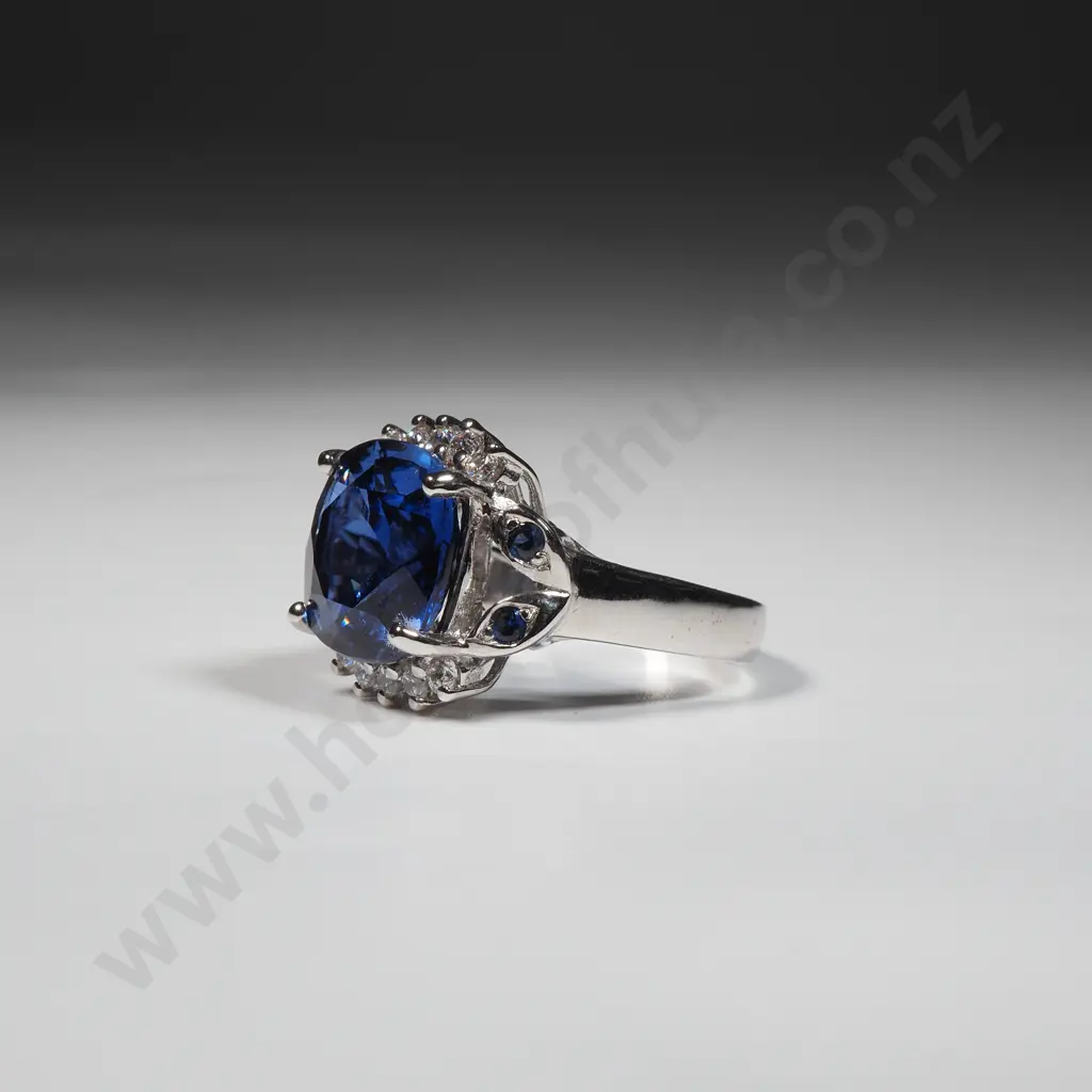 Silver Dress Ring Set With Central Cushion Cut Blue Stone & Smaller Accent Blue & White Stones On The Band & Halo Image 1++