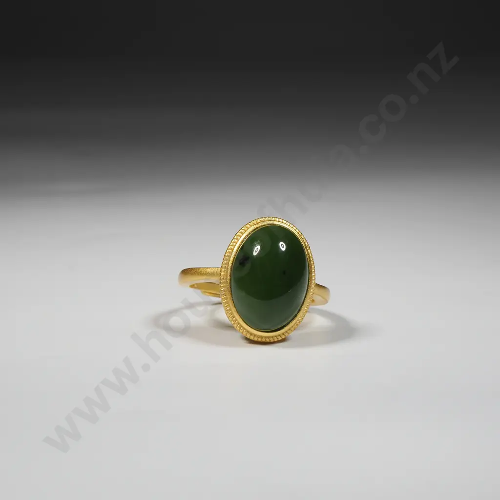 Gold Plate Sterling Silver Adjustable Ring Set With An Oval Greenstone  Image 1++