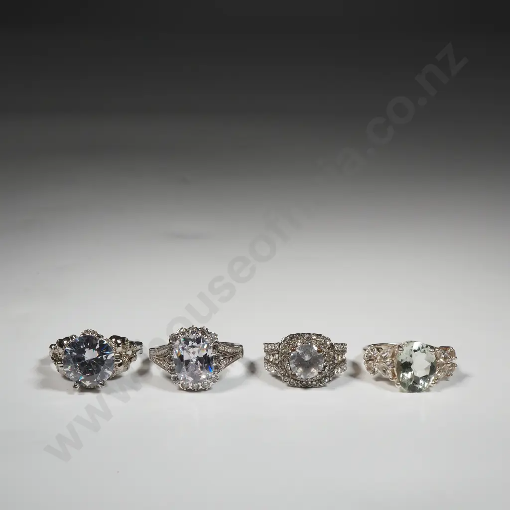 Four Sterling Silver & White Stone Rings  Image 1++