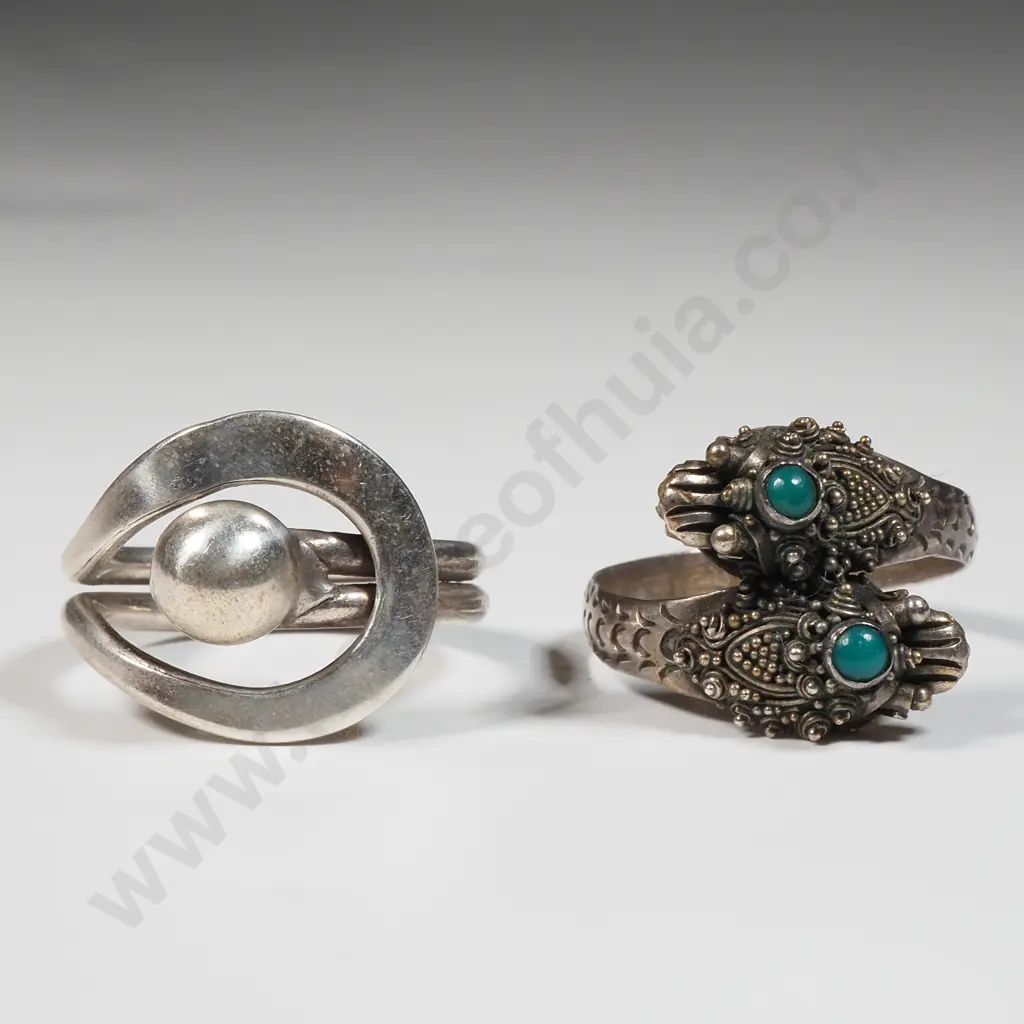 Sterling Silver Modernist Ring & Sterling Dragon Ring with Turquoise Inset  Image 1++