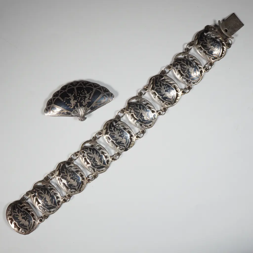Black Niello Siam Sterling Silver Bracelet & Fan Shaped Brooch Both Decorated With Thai Dancing Goddess's Image 1++