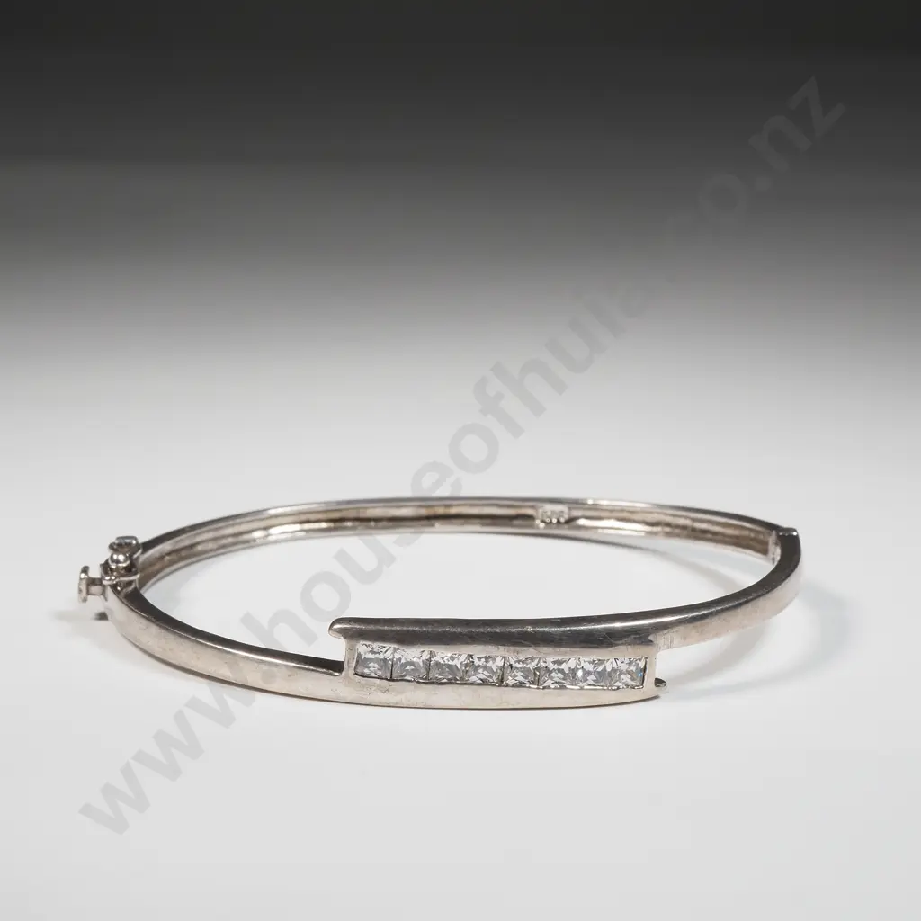 Sterling Silver Hinged Bracelet Set With White Stones  Image 1++