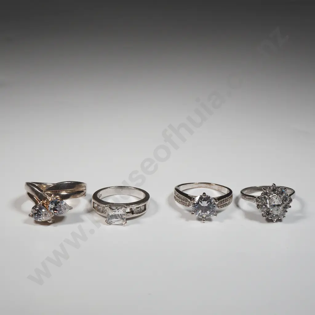 Four Sterling Silver & White Stone Rings Image 1++