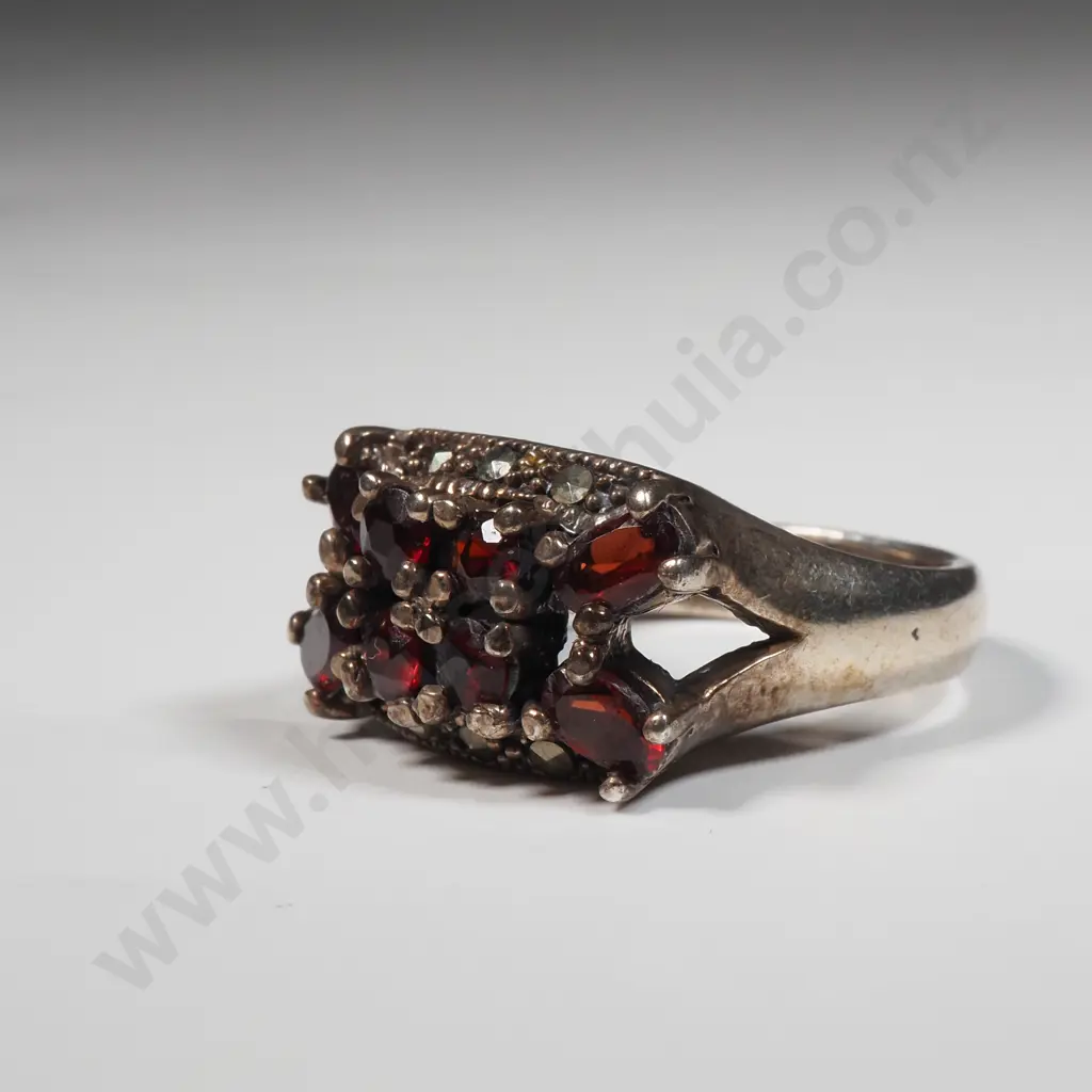 Sterling Silver Marcasite & Multi Red Stone Ring Image 1++