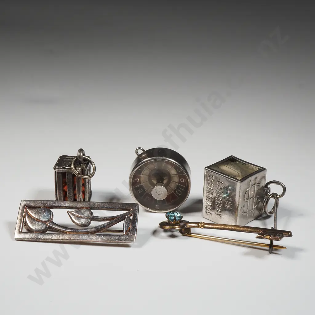 Three Sterling Silver Vintage Charms, 21st Key Brooch Set With Blue Stone & A  Rennie MacIntosh Rectangular Brooch Image 1++