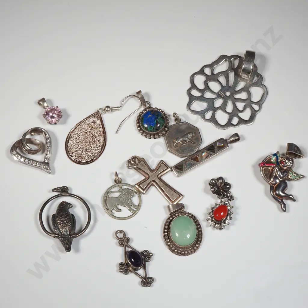 Thirteen Sterling Silver Pendants Including Two Leo Pendants, Eros Etc. Image 1++