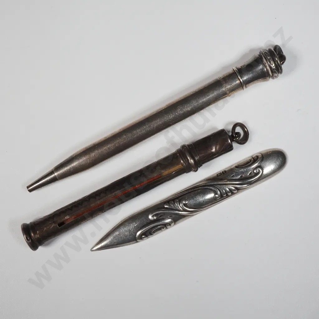 Two Sterling Silver Propelling Pencils  &  An Embossed Sterling Silver Pencil Cover  Image 1++