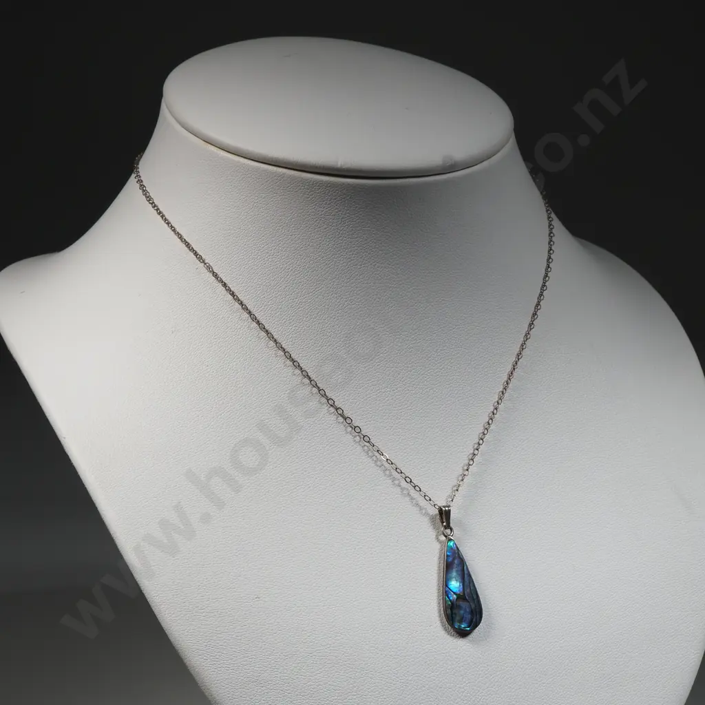Sterling Silver Paua Shell Teardrop Shaped Pendant & Chain  Image 1++