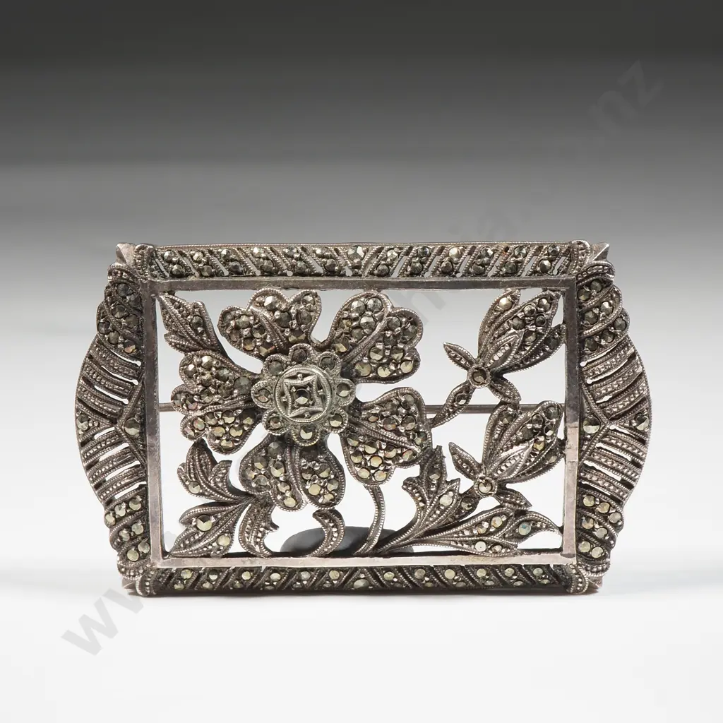 Sterling Silver Marcasite Brooch With Floral Detail Image 1++