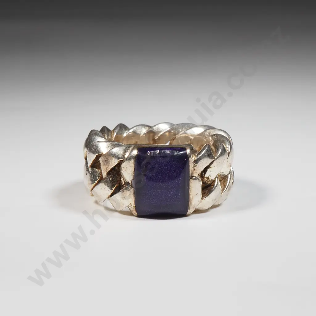 Sterling Silver Ring With A Chain Link Band & Inset With A Square Purple Stone Image 1++