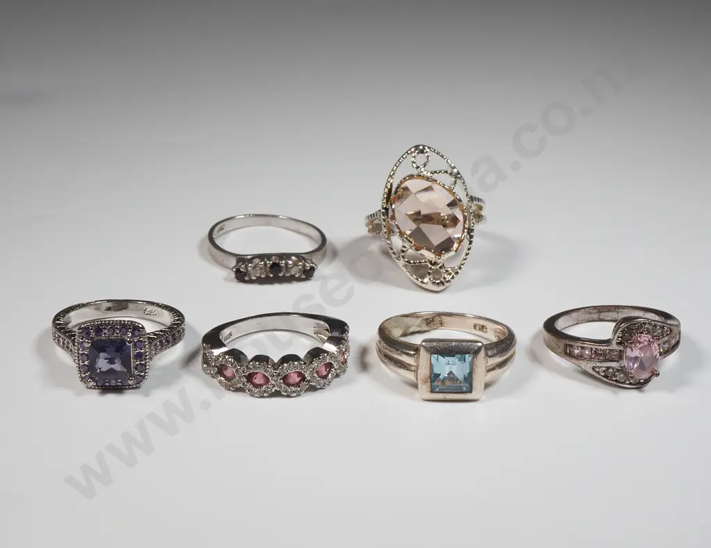Six  Sterling Silver & Coloured Stone Rings Image 1++