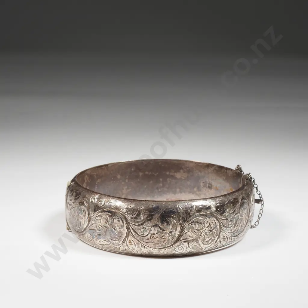 Sterling Silver Hinged Bracelet With Scroll Decoration. Chester Assay Marks Image 1++