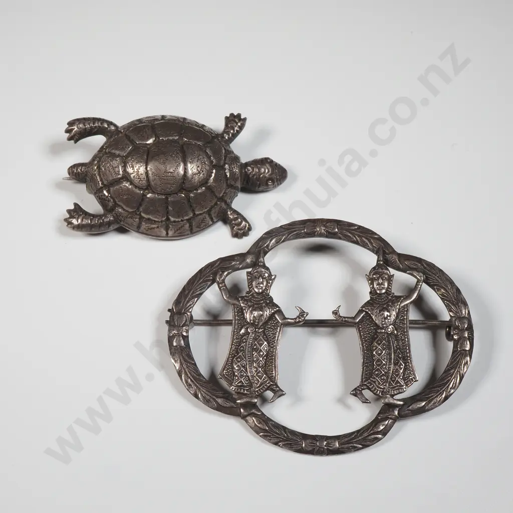Two Sterling Silver Brooches. One Siam Silver Quatrefoil Shaped With Thai Dancer; the Other In The Form Of A Turtle Image 1++