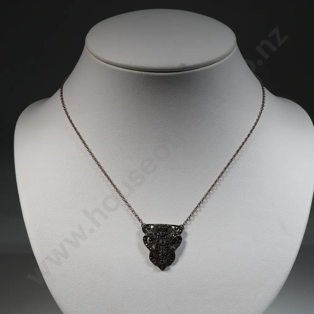 Sterling Silver Art Deco Marcasite Pendant & Chain  Image 1++