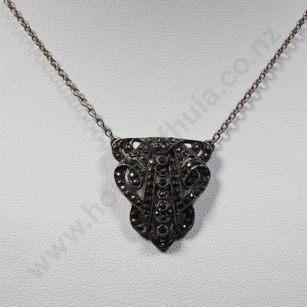 Sterling Silver Art Deco Marcasite Pendant & Chain  Image 1++