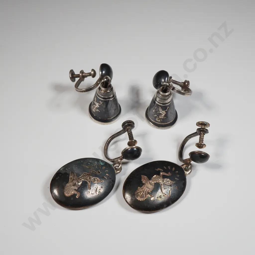 Two Pair Of Siam Sterling Earrings; Thai Goddess Nielloware Image 1++