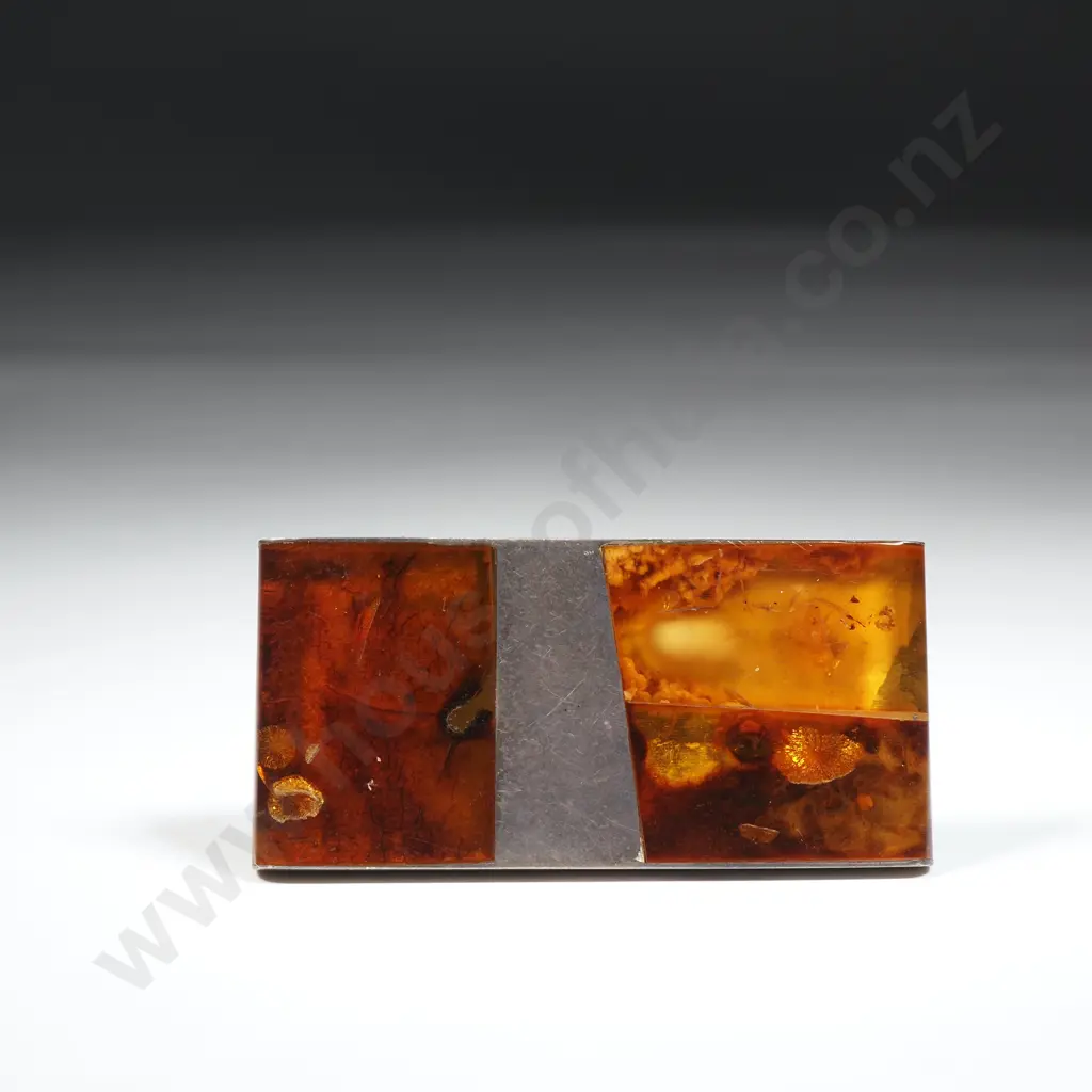Sterling Silver Amber Brooch w Silver Inset. Image 1++
