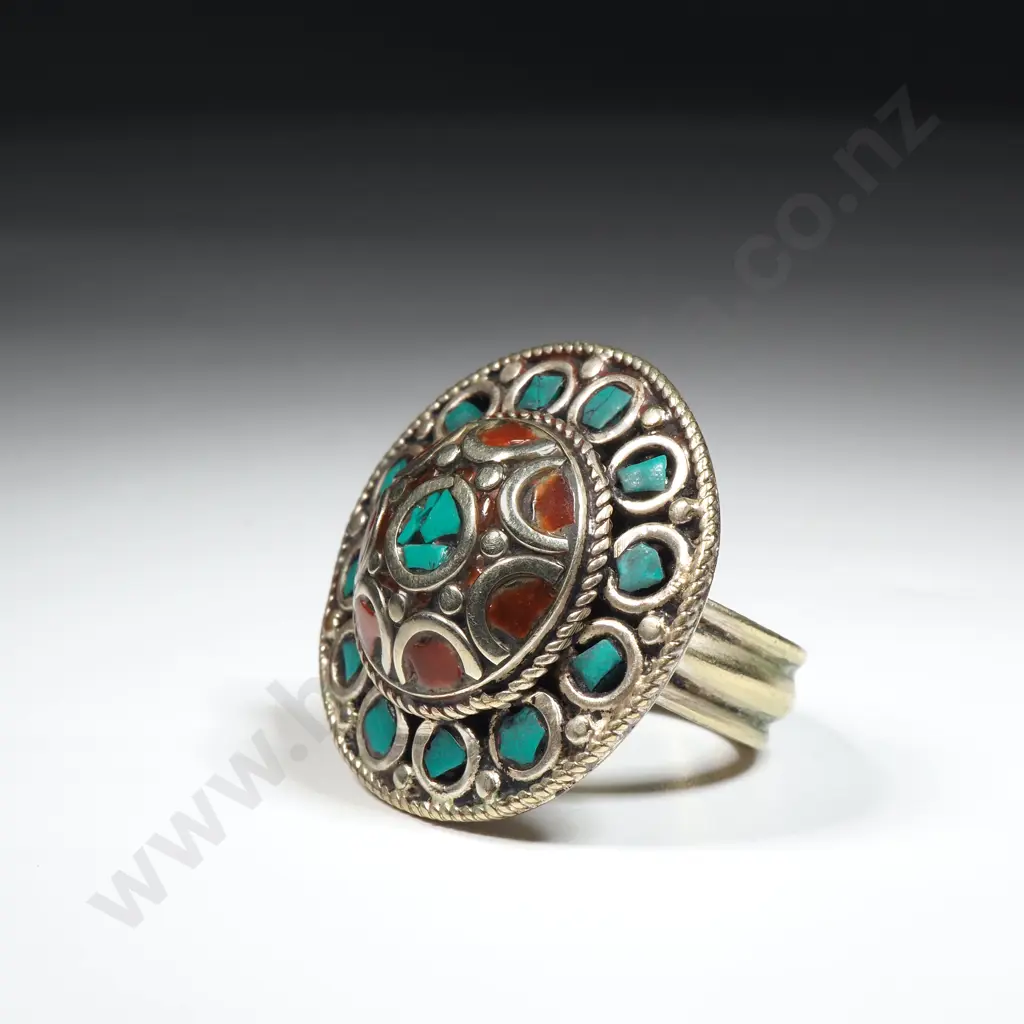 Ethinic Silver Toned Turquoise  & Coral Ring. Image 1++