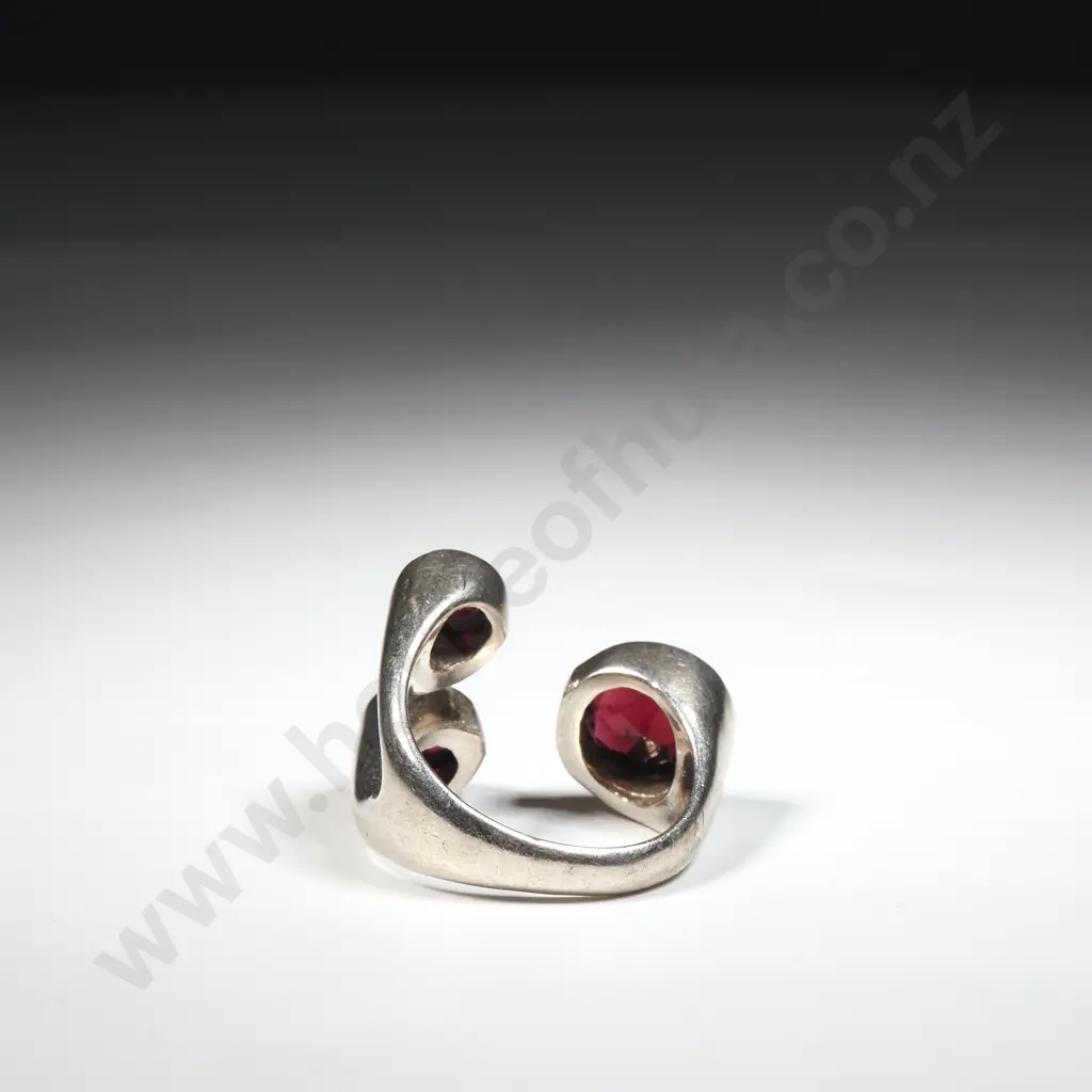Sterling Silver Three Stone Modernist Ring Set with Red Stones Image 1++