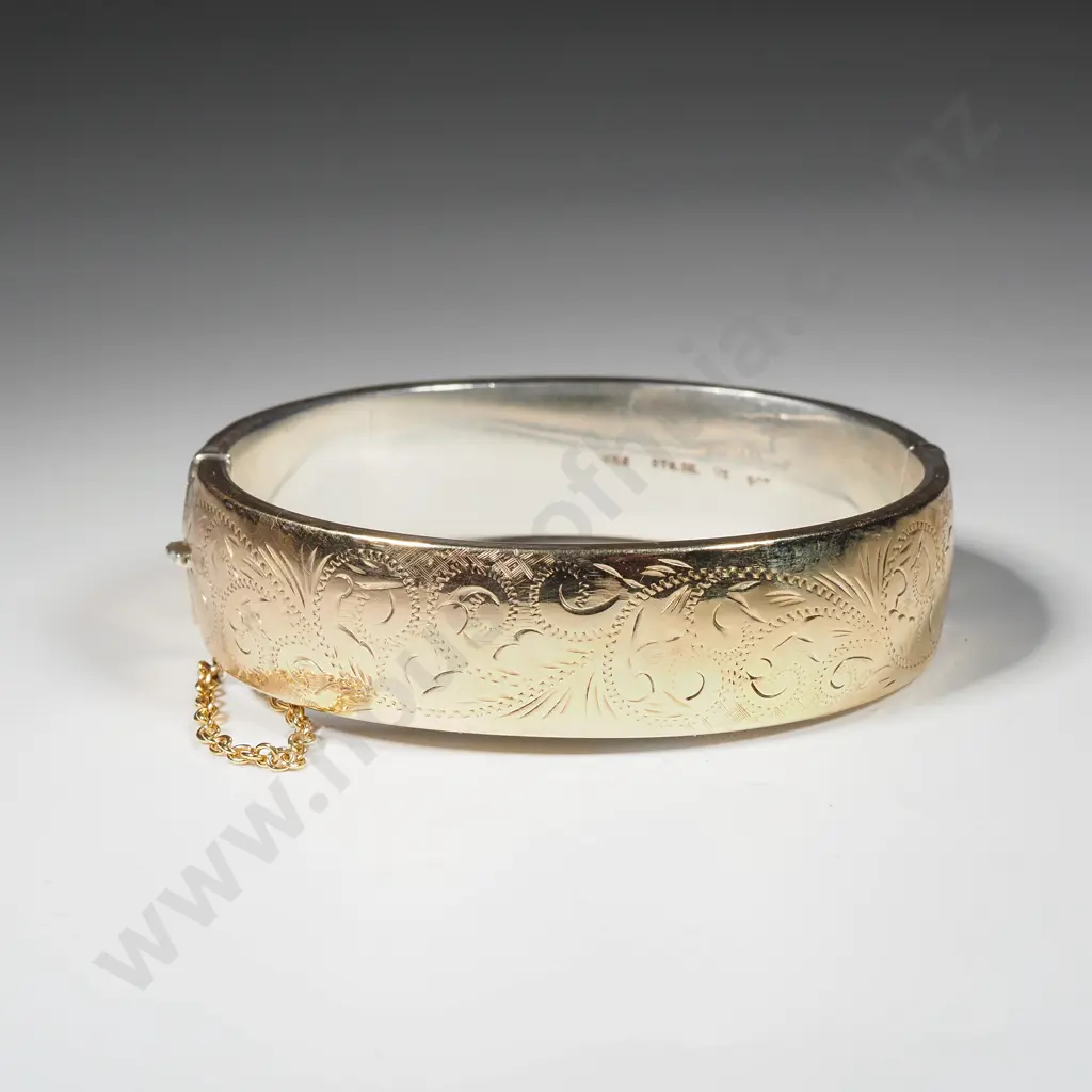 Sterling Silver & 9ct Gold Plated Hinged Bangle with Engraved Front Panel.  Image 1++
