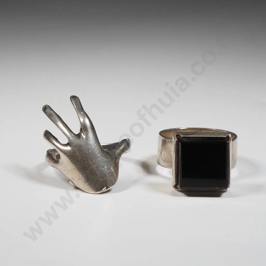 Sterling Silver Ring In The Form Of An Outstretched Hand & A  Sterling Silver Square Black Stone Ring Image 1++
