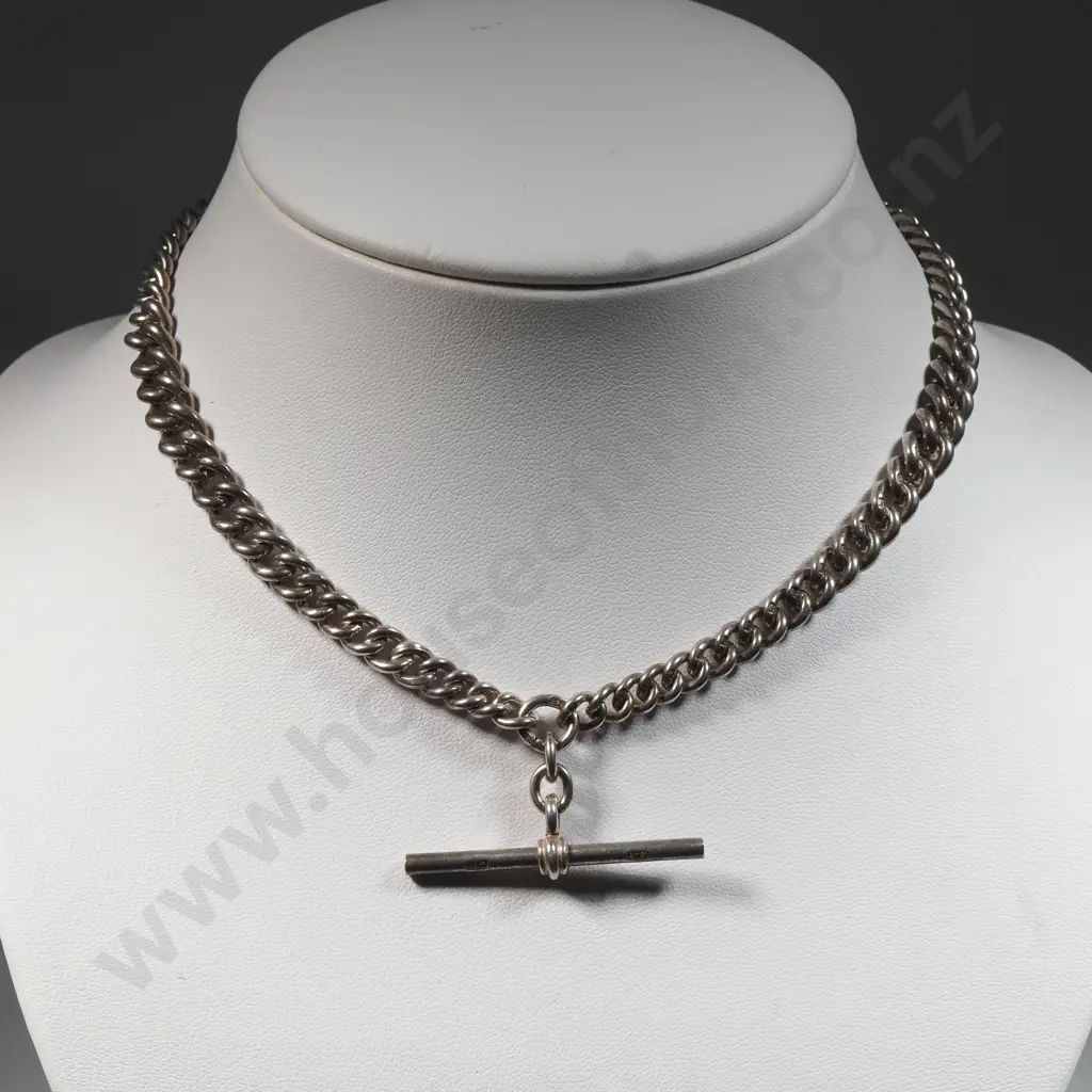 Antique Sterling Silver Albert Chain w T-Bar & Dog Clip. Image 1++