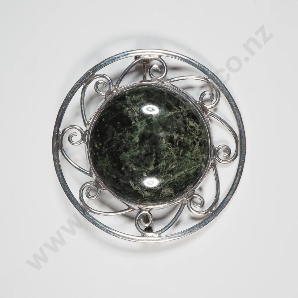Circular Sterling Silver Celtic Brooch Set With a Large Central Moss Agate  Image 1++