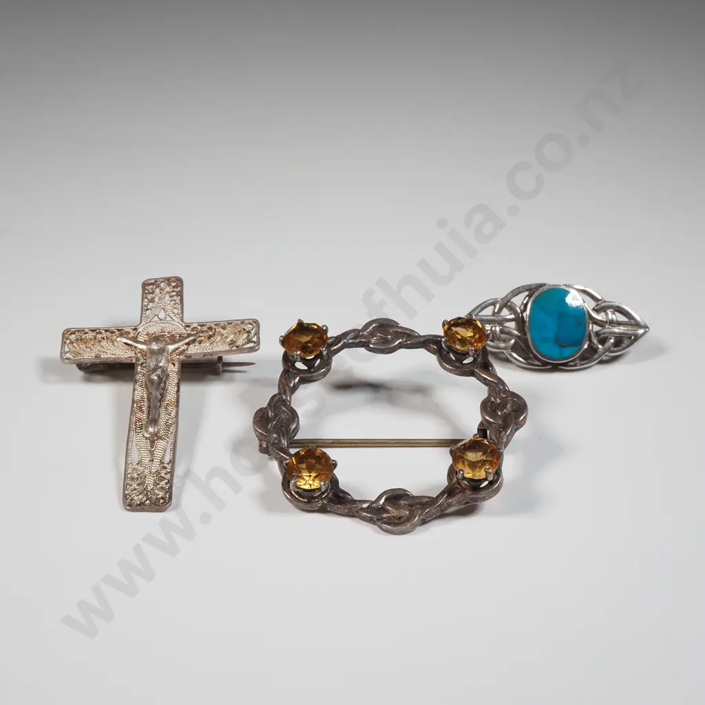 Two Sterling Silver Celtic Brooches with Stones  & A Brooch In The Form Of A Crucific  Image 1++
