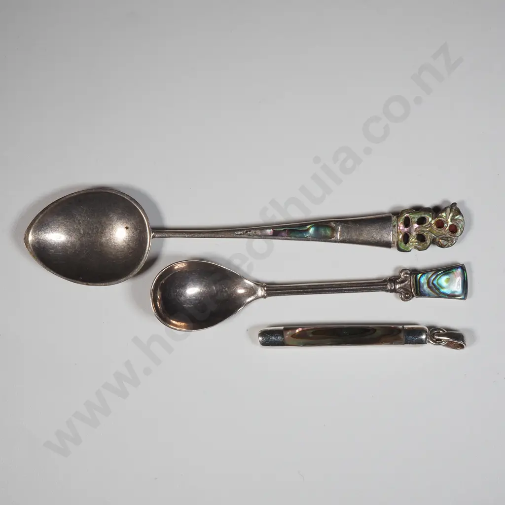 Paua Shell & Sterling Silver Teaspoon, Mustard Spoon & Elongonated Pendant  Image 1++