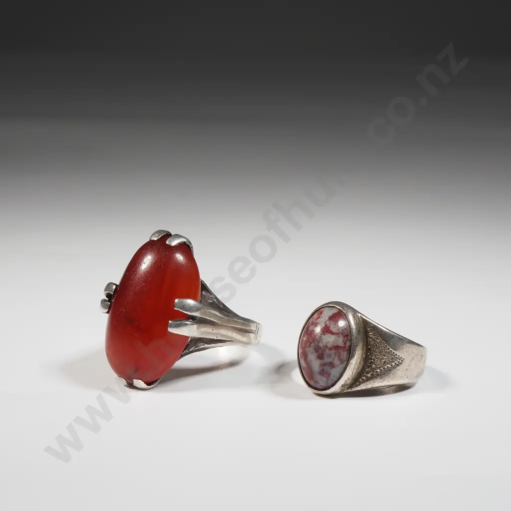 Sterling Silver & Amber Coloured Stone Ring & A Sterling Silver & Orange/White Stone Ring Image 1++