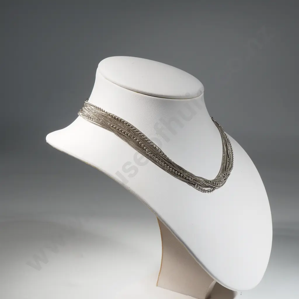 Multi Strand Sterling Silver Chain Necklace with Bead & Chain Link  Image 1++