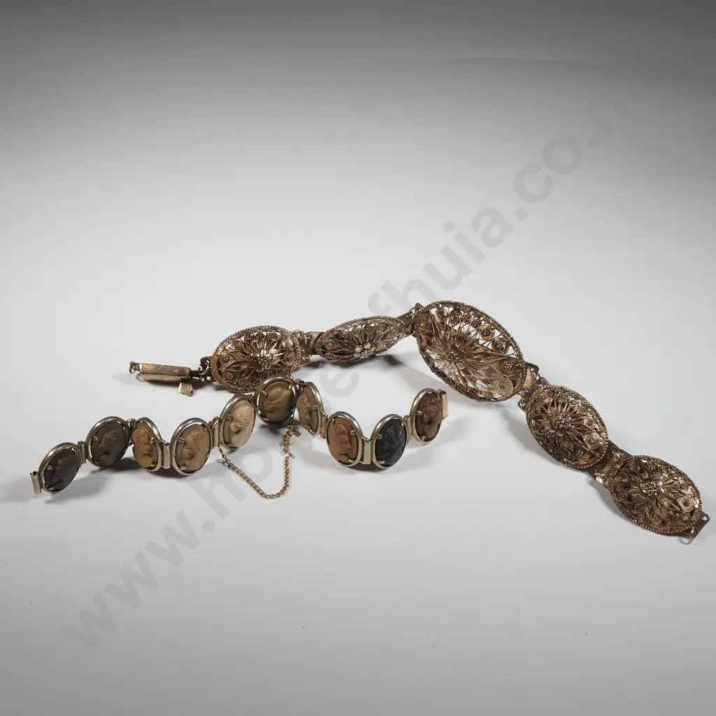 Sterling Silver Cameo Lava Bracelet & An  Filigree Bracelet. Both A/F Image 1++