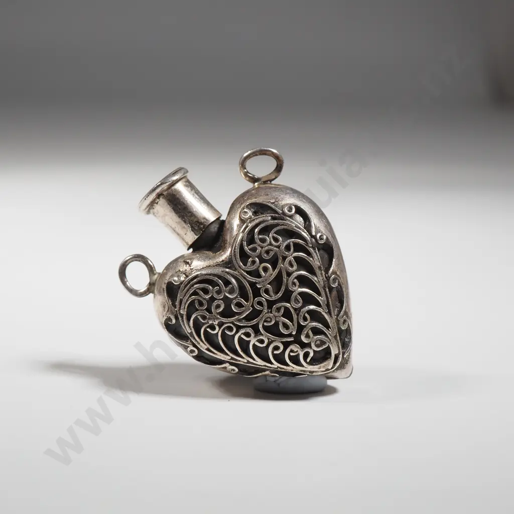 Sterling Silver Suspended Heart Shaped Perfume Bottle/Flask With Applied Filigree Decoration Image 1++