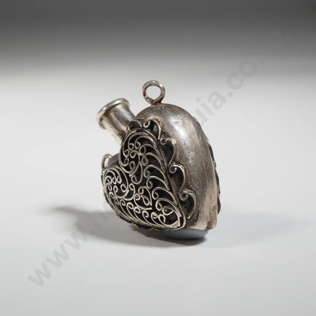 Sterling Silver Suspended Heart Shaped Perfume Bottle/Flask With Applied Filigree Decoration Image 1++