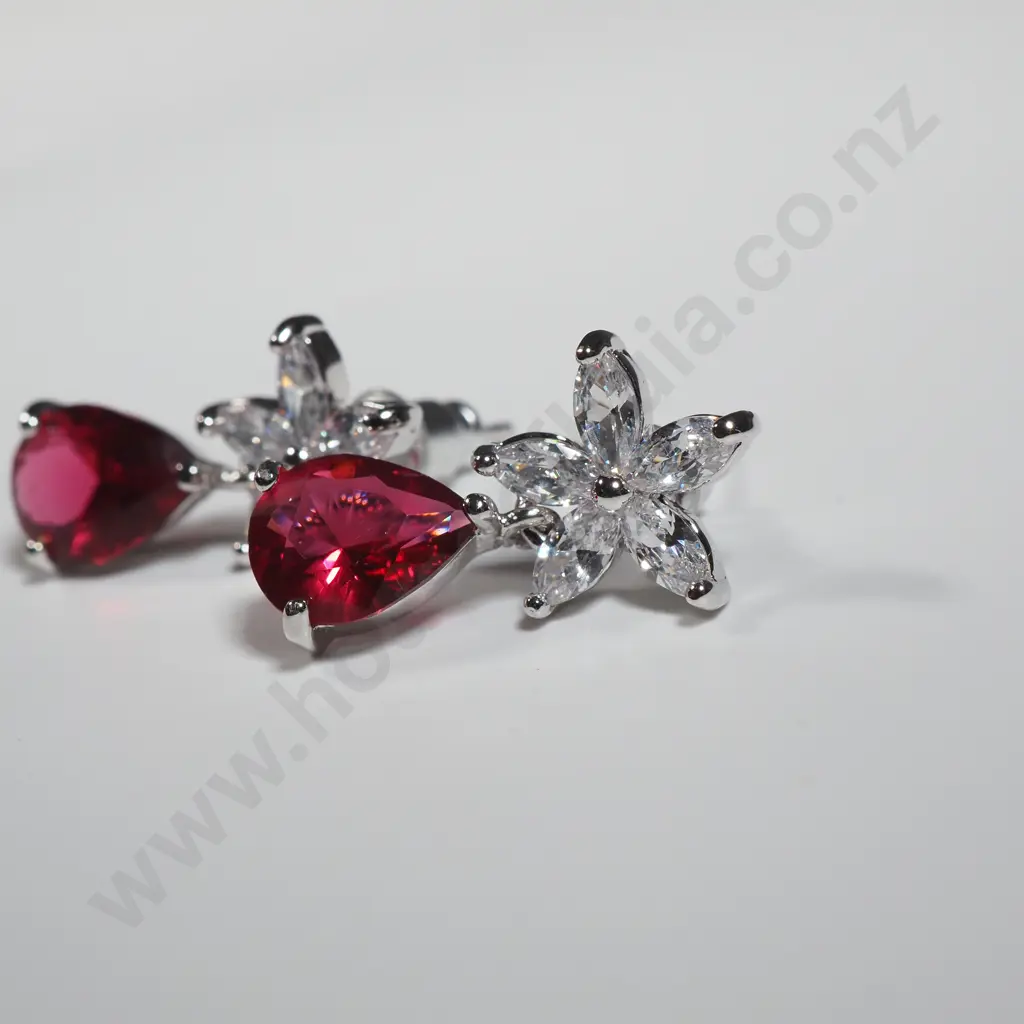 Sterling Silver Drop Earrings Set With Red & White Stones  Image 1++