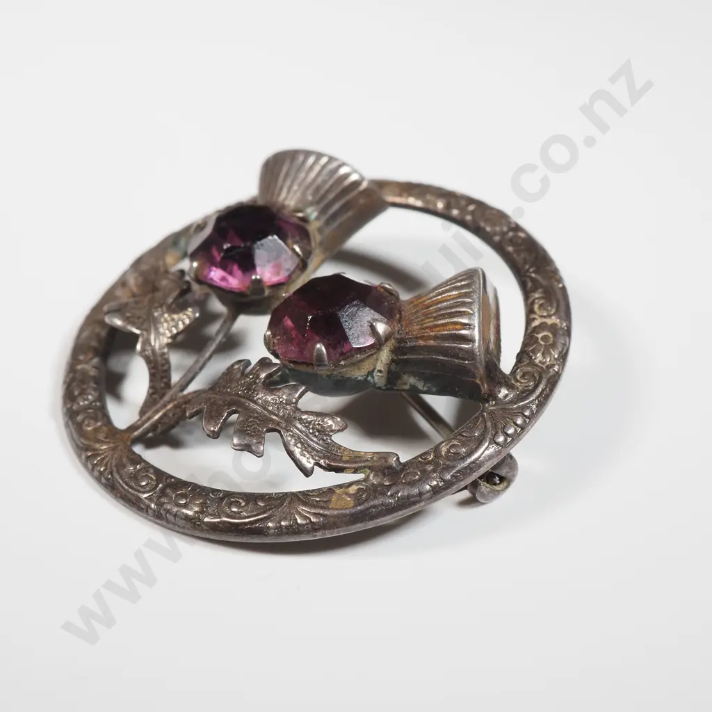 Sterling Silver Scottish Brooch Featuring Two Thistles set With Two Purple Stones  Image 1++