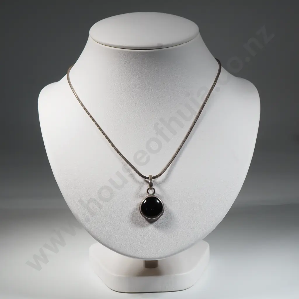 Sterling Silver Snake Chain With Circular Black Pendant Image 1++