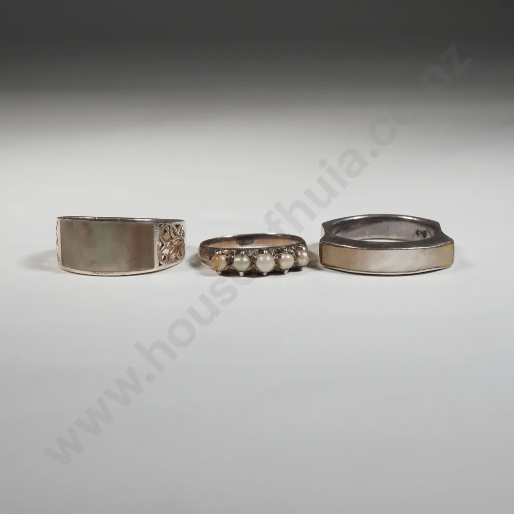 Three Sterling Silver Rings: Two Mother Of Pearl Band Set Ring & A Vintage Five Pearl Ring Image 1++