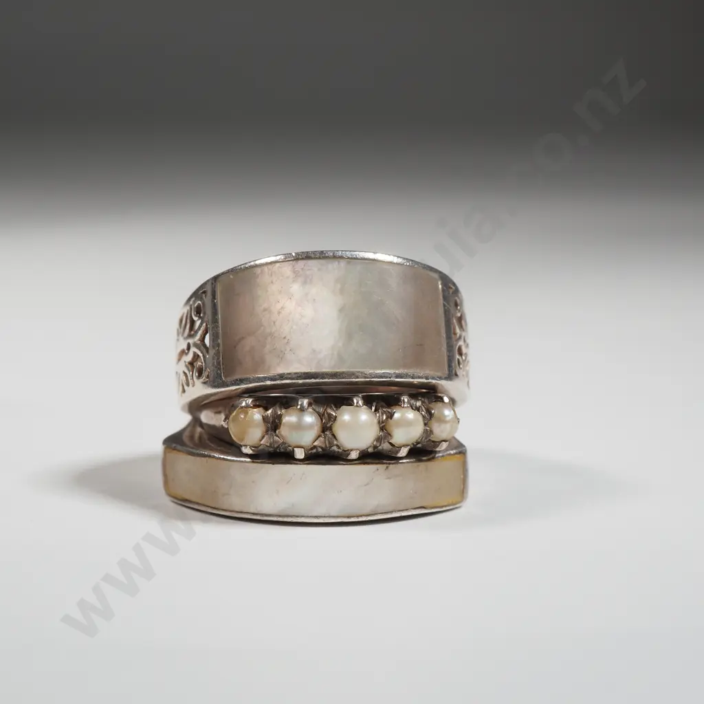 Three Sterling Silver Rings: Two Mother Of Pearl Band Set Ring & A Vintage Five Pearl Ring Image 1++