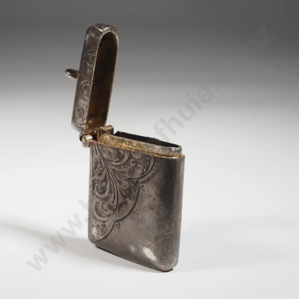 Sterling Silver Vesta Box With Half Body Scroll Decoration. No Inscription & Ring  to Vesta Top Image 1++