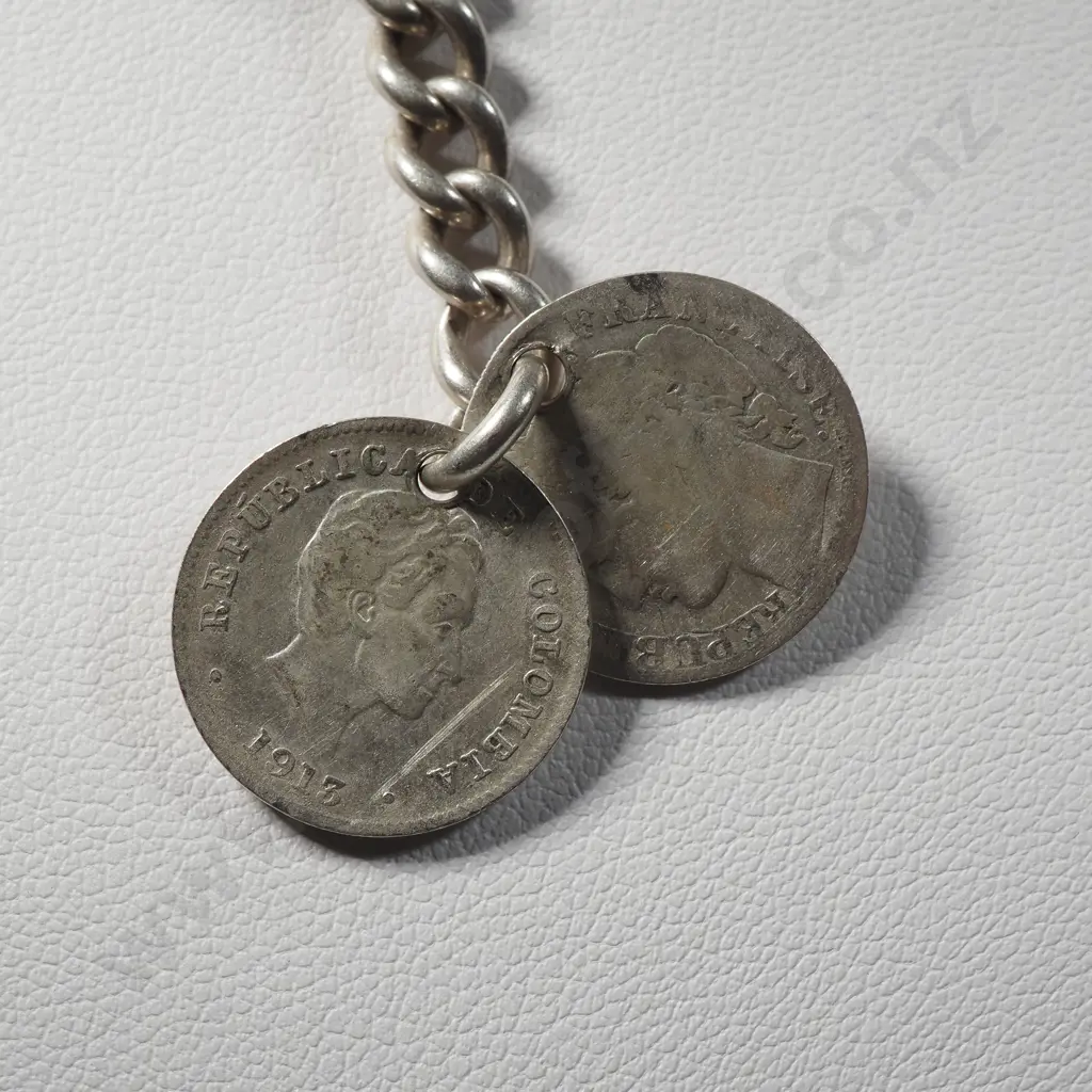 Sterling Silver Graduated Watch Fob With T Bar & French Silver Coin & Mexican Coin  Image 1++