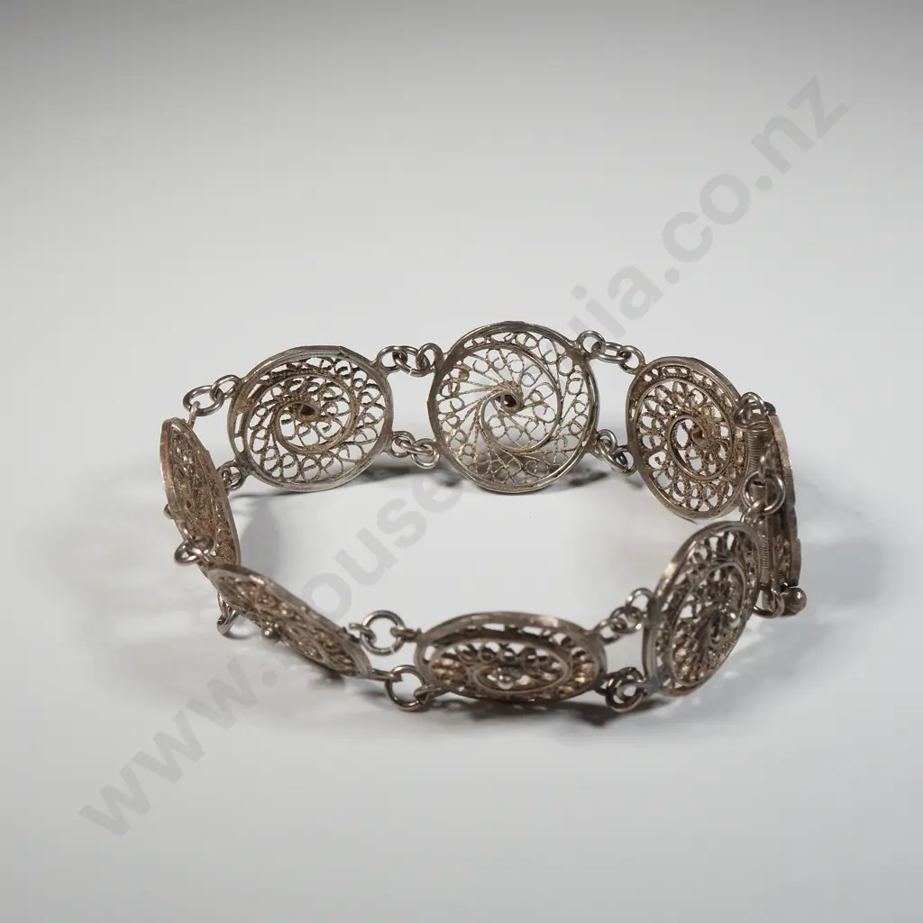 Sterling Silver Sectional Bracelet Comprised of Circular Filigree Medallions. Image 1++
