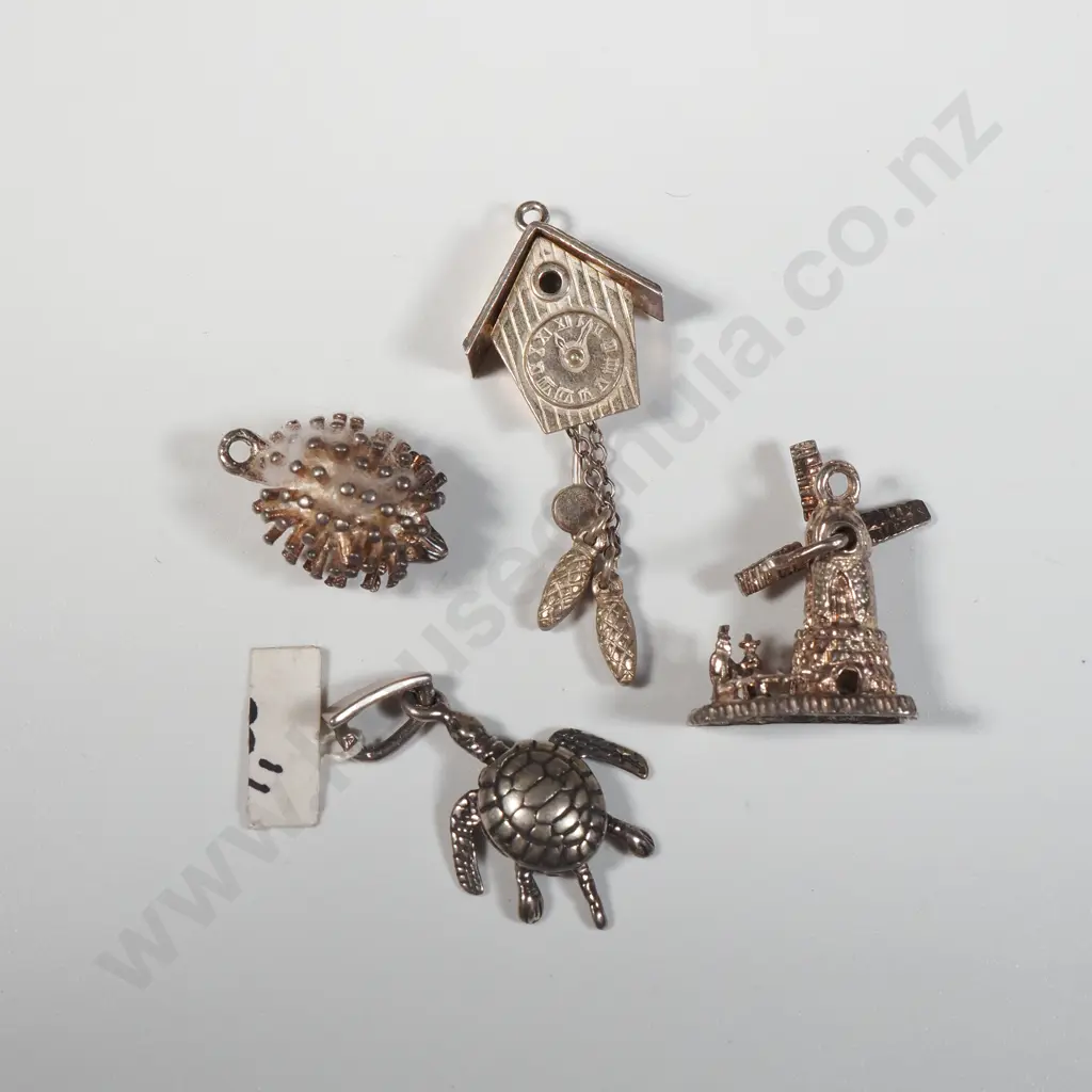 Four Vintage Sterling Silver Charms Including A Hedgehog, Cuckoo Clock, Windmill & Turtle Image 1++