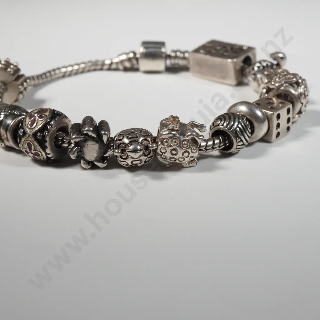 Pandora Style Sterling Silver Charm Bracelet with Fourteen Charms Image 1++
